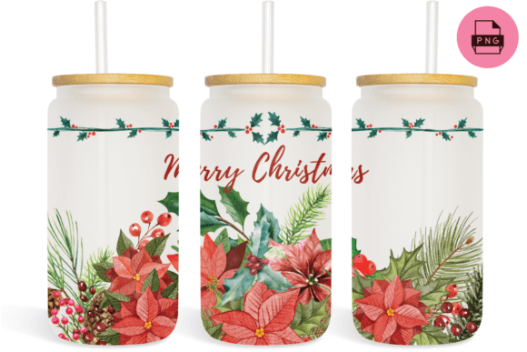 16oz Libbey Glass Can Christmas Flowers Graphics
