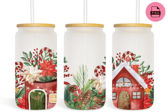 Christmas Flowers 16 oz Libbey Glass Can Graphics