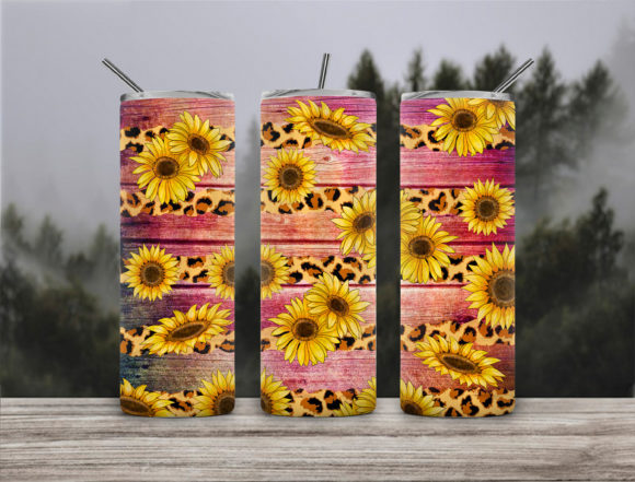 Rustic Sunflower Teal Wood Leopard Tumbler Wraps Graphics